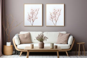 Wall Mural - Living Room with flowers in a vase and mockup frames.  Elegant living room with a comfortable sofa. Scandinavian-style Interior design.