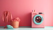 pink washing machine and some towels with pot plant, Ai generative