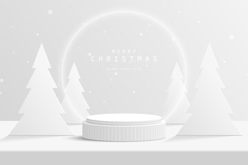 Abstract white 3D cylinder podium pedestal on desk table with Christmas tree, glowing neon ring and snow. Platform for product display presentation or promotion day. Merry Christmas n Happy New Year