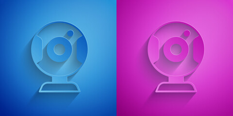 Poster - Paper cut Web camera icon isolated on blue and purple background. Chat camera. Webcam icon. Paper art style. Vector