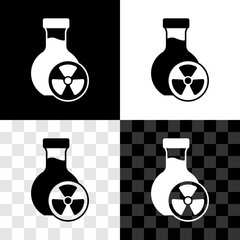 Canvas Print - Set Laboratory chemical beaker with toxic liquid icon isolated on black and white, transparent background. Biohazard symbol. Dangerous symbol with radiation icon. Vector