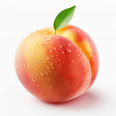 A ripe peach with a fresh green leaf on top