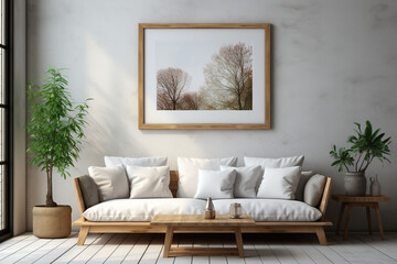 Wall Mural - Mockup canvas frame on the wall. Scandinavian living room with a big template of a painting picture on the wall. Simple design with natural materials and neutral colors. 3d rendering