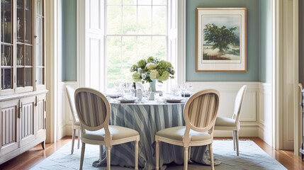 Wall Mural - Dining room decor, interior design and house improvement, elegant table with chairs, furniture and classic blue home decor, country cottage style