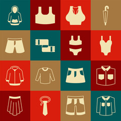 Poster - Set Shirt, Swimsuit, Undershirt, Winter scarf, Short or pants, Hoodie and icon. Vector