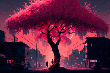 Wall Mural - A tree in the middle of a city at night. Cyberpunk. Generative AI 