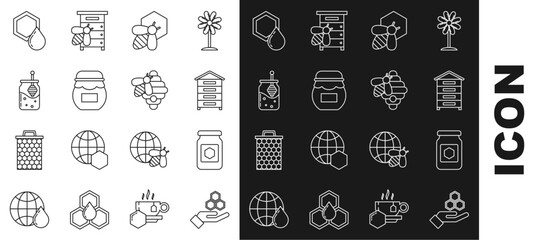 Poster - Set line Honeycomb and hand, Jar of honey, Hive for bees, Bee honeycomb, dipper stick, and icon. Vector