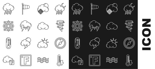 Sticker - Set line Thermometer, Wind rose, Tornado, Cloud with snow and sun, Storm, Snowflake, rain and icon. Vector