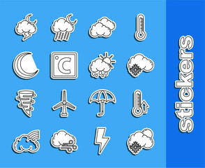 Wall Mural - Set line Cloud with snow and sun, Thermometer, Celsius, Moon stars, Storm and rain icon. Vector