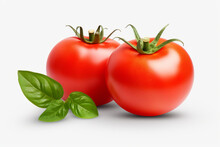 Beautiful Fresh Red Two Tomatoes With Basil Leaf Isolated On White Background Close Up View. Generative Ai
