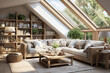 © DailyStock - Modern cozy Scandinavian-style living room with a skylight in the ceiling, a garden view, interior scene and mockup, white modern room with sofa.