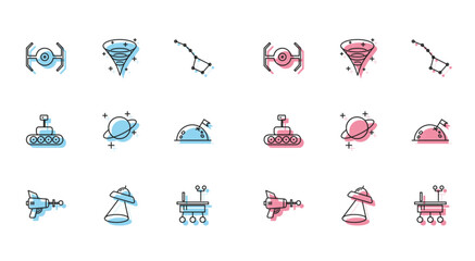 Wall Mural - Set line Ray gun, UFO flying spaceship, Cosmic, Mars rover, Planet, with flag, and Black hole icon. Vector