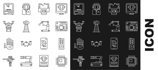 Poster - set line processor with microcircuits cpu, printed board pcb, assembly line, antenna, drone delivery