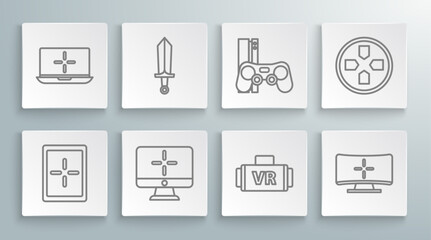 Poster - Set line Tablet, Sword for game, Computer monitor, Virtual reality glasses, Game console with joystick, Gamepad and Laptop icon. Vector