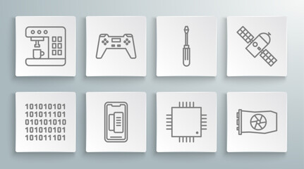 Poster - Set line Binary code, Gamepad, Smartphone, mobile phone, Processor with microcircuits CPU, Video graphic card, Screwdriver, Satellite and Coffee machine icon. Vector