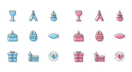 Poster - Set line Gift box, Church building, Wine glass, Christian cross and heart, Cracked egg, fish, Easter cake candle and Hands praying position icon. Vector