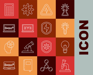 Poster - Set line Microscope, Light bulb with concept of idea, Test tube and flask, High voltage, XYZ Coordinate system, Equation solution, Calculator and Secure shield lightning icon. Vector