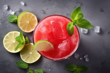 Beautiful fresh watermelon lemonade with mint leaf and lemon on a beautiful dark background with ice cubes with space for inscriptions. generative ai
