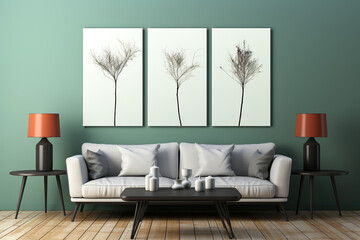 Three blank picture frame mockups on a wall. Artwork templates for interior design. 3D rendering of a living room with picture frames on the green wall.