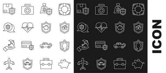 Sticker - Set line Piggy bank, Life insurance with shield, House, Money, Location, Delivery security and icon. Vector