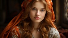 A Woman With Flaming Red Hair And A Delicate Scarf Gracefully Framing Her Face Stands Proudly In The Light Of The Room, Her Strong Features And Bold Beauty Captivating The Onlooker