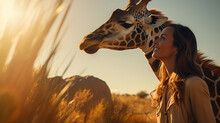 Happy Woman With Cute Giraffe At Forest, Woman Tourist Feeding Giraffe At Zoo During Holiday Vacation, Young Woman Having Fun With Animals At Safari Park On Warm Summer Day, AI Generated