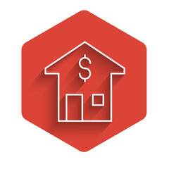 Wall Mural - White line House with dollar symbol icon isolated with long shadow background. Home and money. Real estate concept. Red hexagon button. Vector