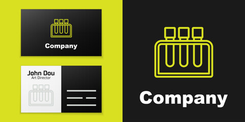 Sticker - Logotype line Test tube and flask chemical laboratory test icon isolated on black background. Laboratory glassware sign. Logo design template element. Vector