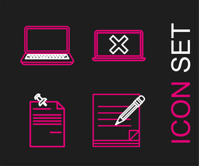 Poster - Set line Blank notebook and pencil with eraser, Note paper pinned pushbutton, Laptop cross mark screen and icon. Vector