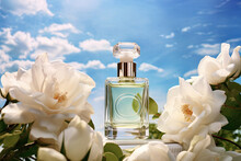 Transparent Bottle Of Perfume Surrounded By White Gardenia Flowers On Blue Sky Background. Floral Perfume Bottle With White Blooming Flowers. Elegant Luxury Fragrance Presentation With Daylight