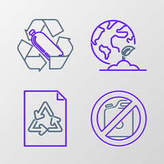 Set line No canister for gasoline, Paper with recycle, Earth globe and plant and Recycling plastic bottle icon. Vector