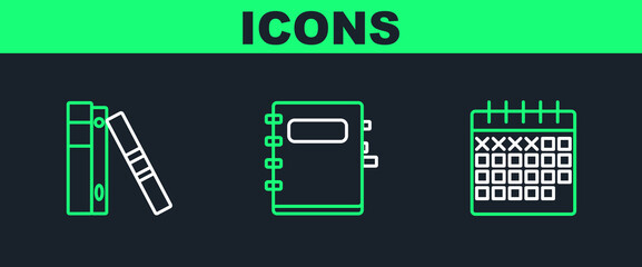 Poster - Set line Calendar, Office folders with papers and documents and Notebook icon. Vector