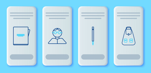 Poster - Set line Student, Pencil with eraser, Notebook and School backpack icon. Vector