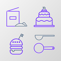 Poster - Set line Measuring spoon, Burger, Cake and Flour pack icon. Vector