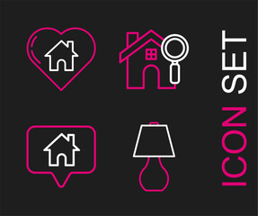 Sticker - Set line Table lamp, Map pointer with house, Search and House heart shape icon. Vector