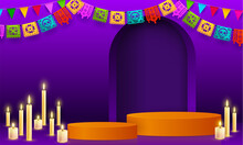 Mexican Dia De Los Muertos Or Dead Day Podium With Papel Picado Flags And Candles, Vector Altar Background. Mexico Holiday Celebration, Culture And Tradition Of Dead Day Podium For Photo Pictures