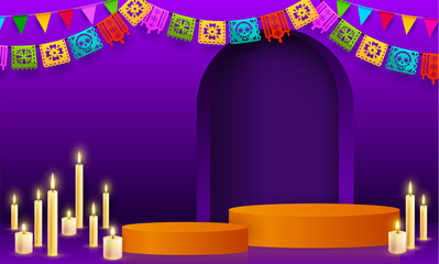 Mexican Dia de Los Muertos or dead day podium with papel picado flags and candles, vector altar background. Mexico holiday celebration, culture and tradition of dead day podium for photo pictures