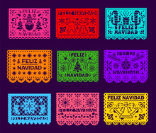 Feliz Navidad Paper Cut Papel Picado For Mexican Holiday Flag Banners, Vector Decorations. Mexico Fiesta Papel Picado Papercut Flags With Christmas Tree, Snowflakes, Gift Socks And Gingerbread Cookies