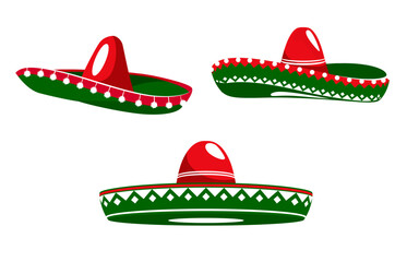 Sticker - Mexican sombrero hats with Mexico flag colors ornament, vector icons for fiesta party. Mexican culture, tradition and ethnic art symbol of sombrero hats for holiday celebration or national festival