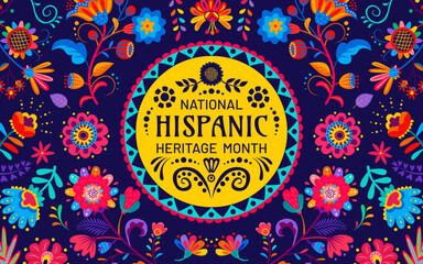 National Hispanic heritage month festival banner with tropical flowers pattern, vector ethnic floral ornament. Hispanic Americans culture, tradition and art heritage background for Latin folk festival