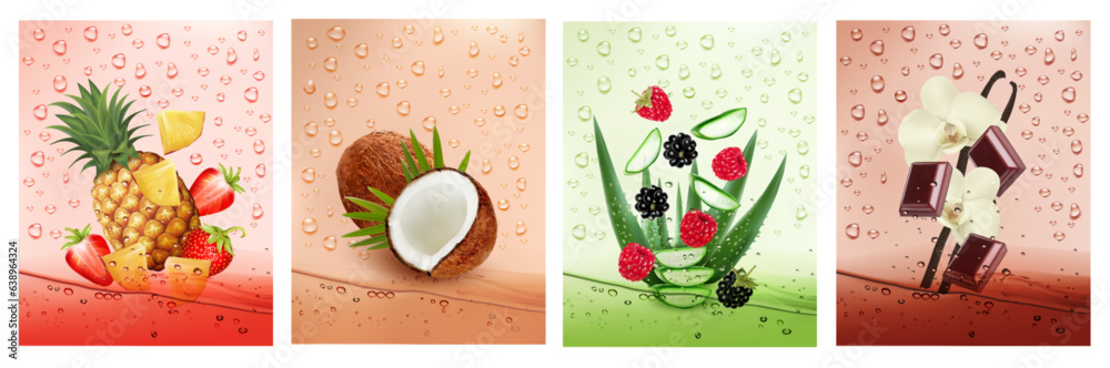 Aqua Rasa Rasa Set of labels with fruit and vegetables drink. Fresh fruits water ...