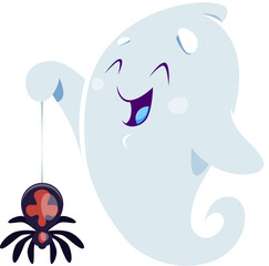 Wall Mural - Cartoon cute kawaii Halloween ghost monster character holds a spider dangling from its web. Adorable vector spook with a playful smile, a charming combination of spooky and cute vibes