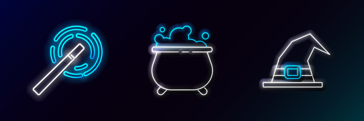 Sticker - Set line Witch hat, Magic wand and cauldron icon. Glowing neon. Vector