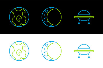 Poster - Set line UFO flying spaceship, Earth globe and Moon icon. Vector