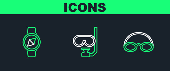 Wall Mural - Set line Glasses and cap, Compass and Diving mask snorkel icon. Vector