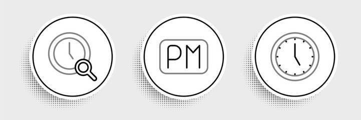 Poster - Set line Clock, Magnifying glass with clock and Day time icon. Vector