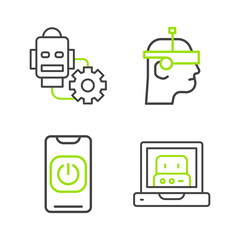 Poster - Set line Creating robot, Turn off from phone, Smart glasses and Robot setting icon. Vector