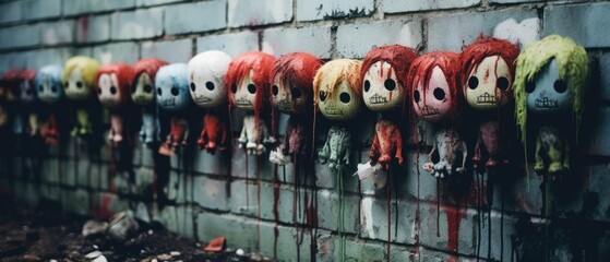 Wall Mural - Small zombie voodoo dolls on a urban brick wall, creepy and distressing, ward off evil, strange faces, wild hair, weird crafted art - generative AI