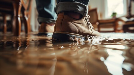 Flooded floor at home. Generative AI