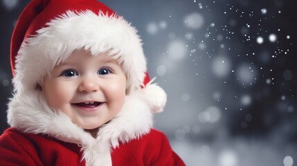 Wall Mural - Cute baby boy in Santa Claus costume on blurred snowy Christmas background, with copy space, Christmas holiday celebrating concept.